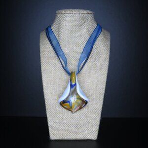 Blue and Gold Glass Pendant with Ribbon Necklace